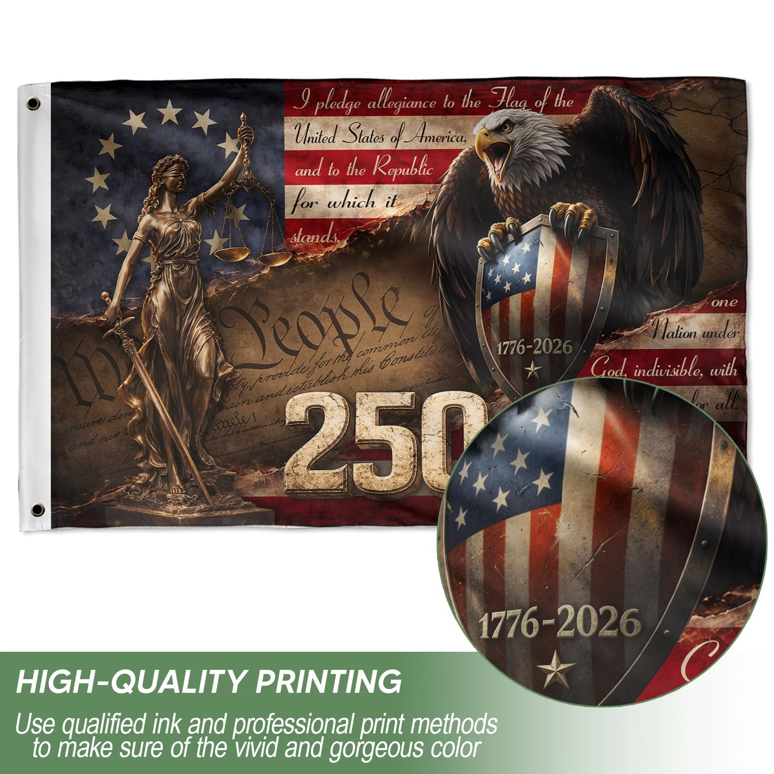 Lady Justice House Flag 1776-2026 We The People 250 Years of Freedom