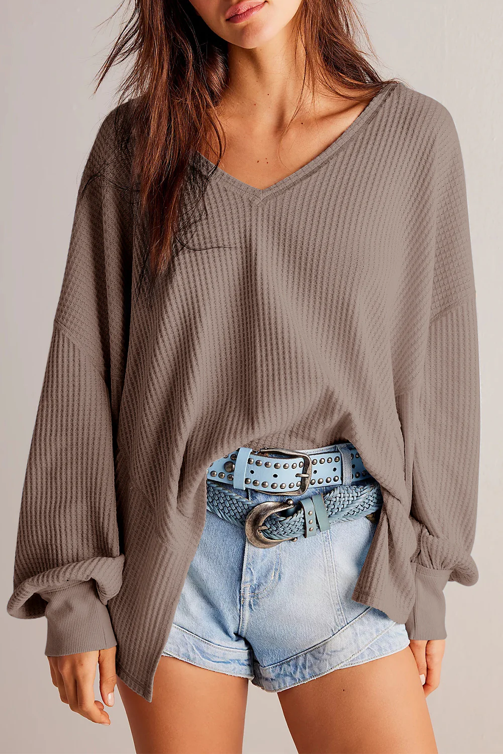 Orchid Petal Waffle V Neck Long Sleeve Drop Shoulder Loose Blouse
