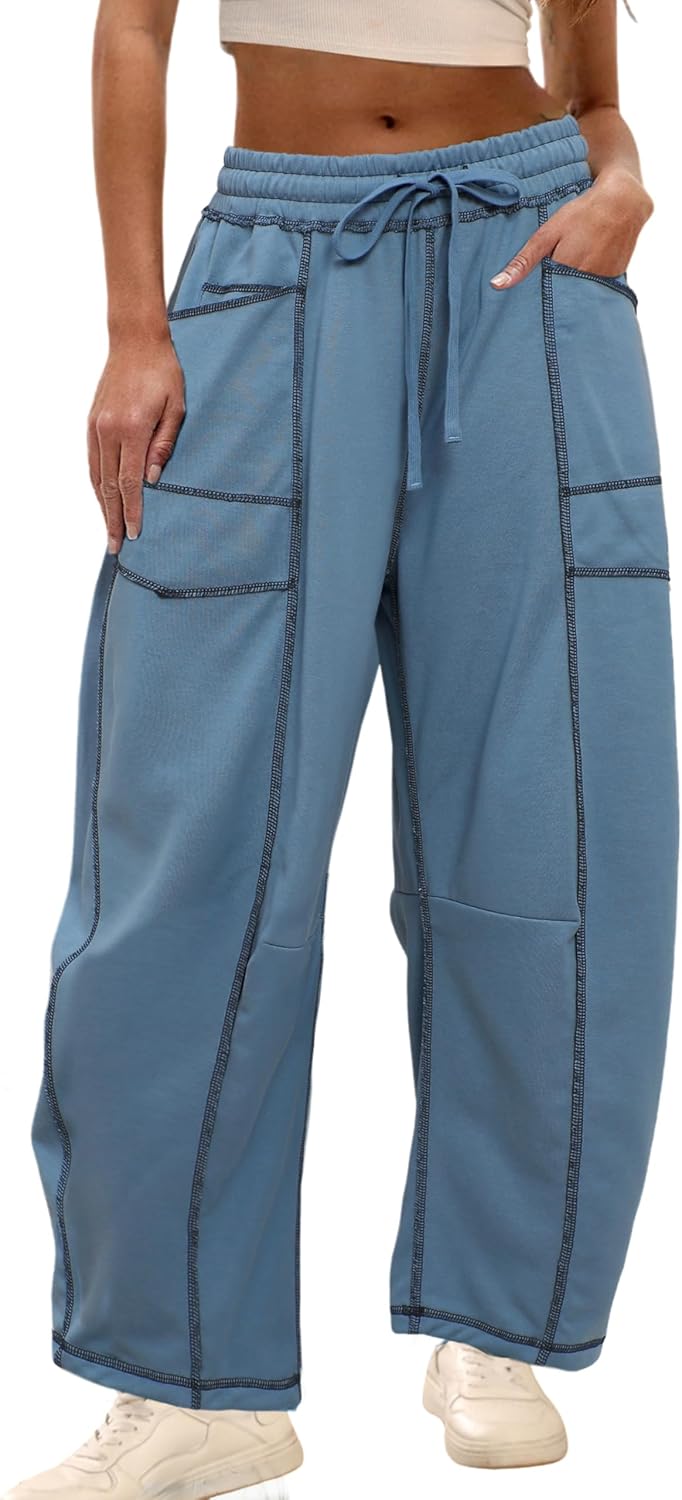 Womens Baggy Barrel Pants Wide Leg Lounge Drawstring Sweatpants with Pockets