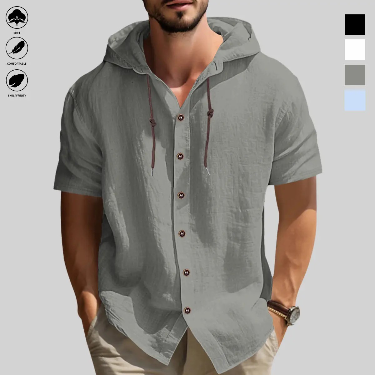 Men’s Hooded Button-Up Outdoor Shirt – Casual Long Sleeve Hiking Top