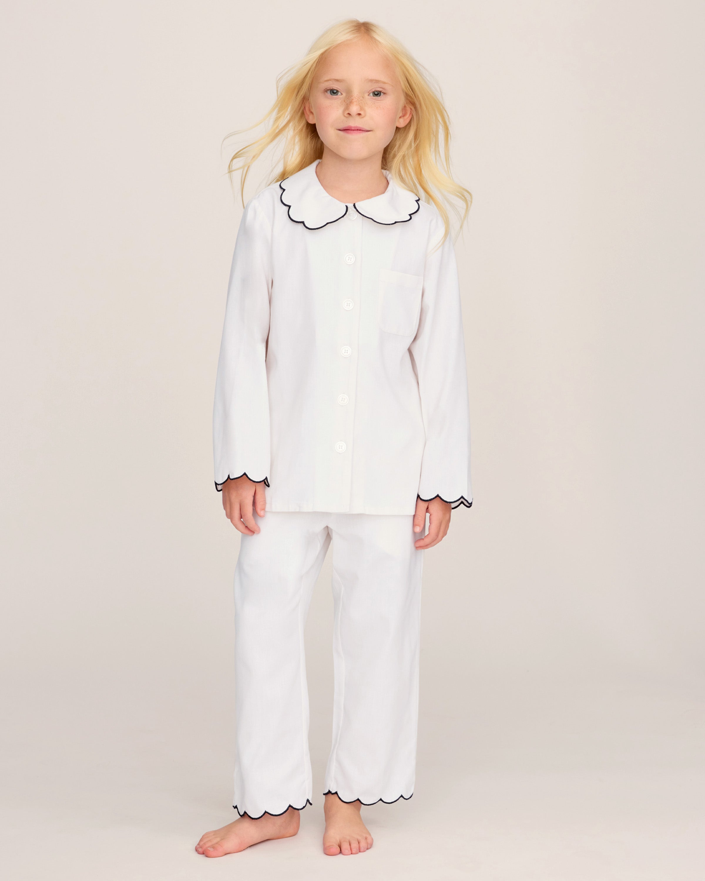Kid's Twill Colette Pajama Set in White with Navy Piping