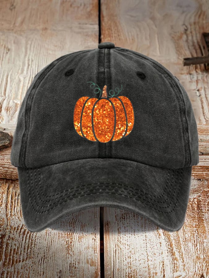 Unisex Washed Sequin Fall Pumpkin Print Hat