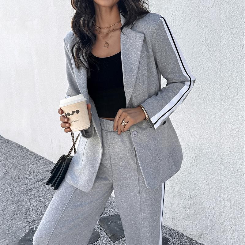 Women's Striped Side Tape Blazer & Wide-Leg Pants Set