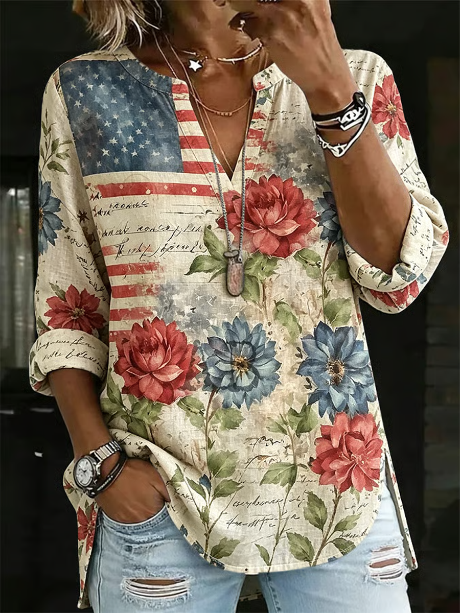 Women's Retro Flag and Floral Print Casual Shirt