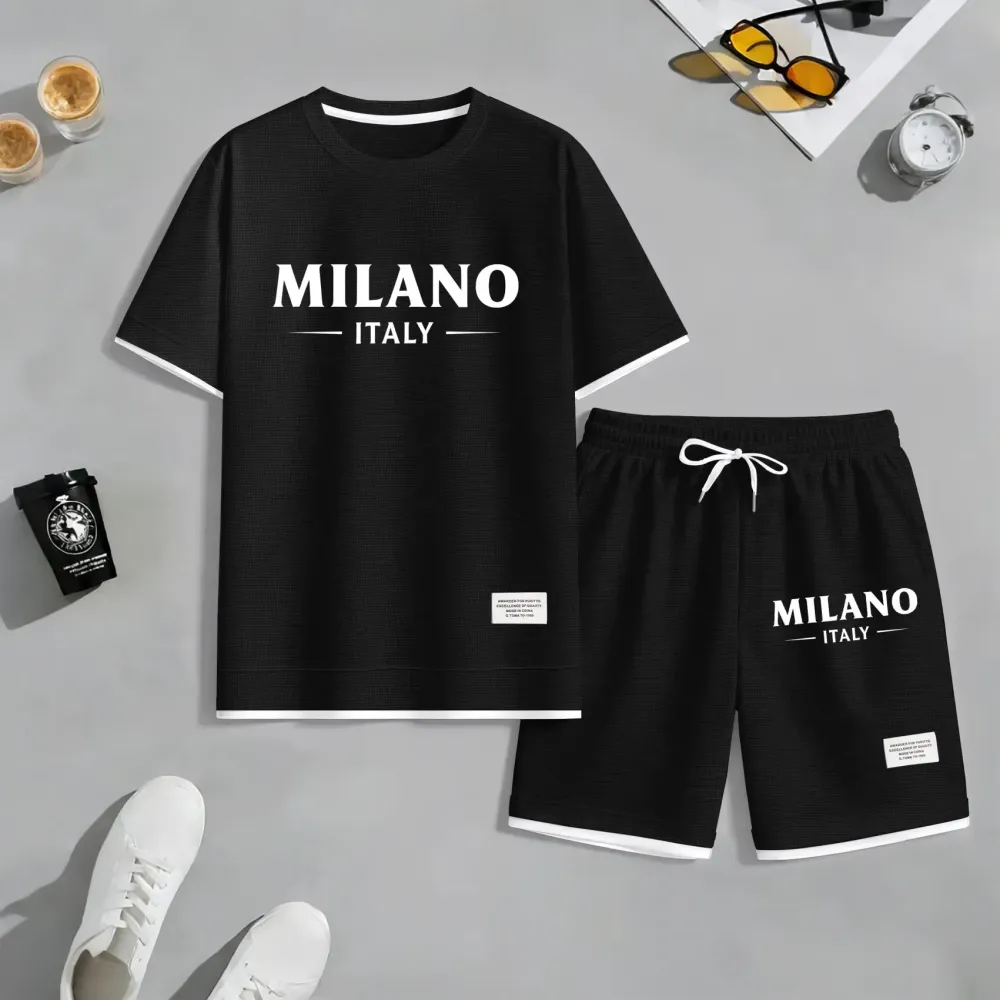 Men's Polo Print Drawstring Shorts Set For Spring/Summer. A Casual Summer Outfit, Including A Short-Sleeved Shirt And Shorts