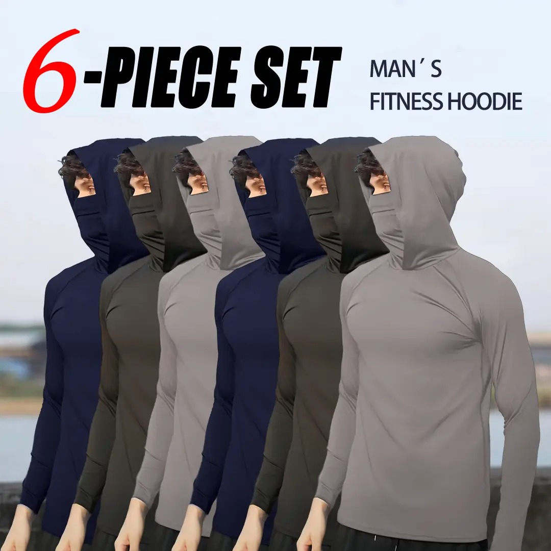Men's 6-Piece Casual Hoodie Set Slim Fit Lightweight UPF Sun Protection Long Sleeve Pullover Versatile Daily Outfit