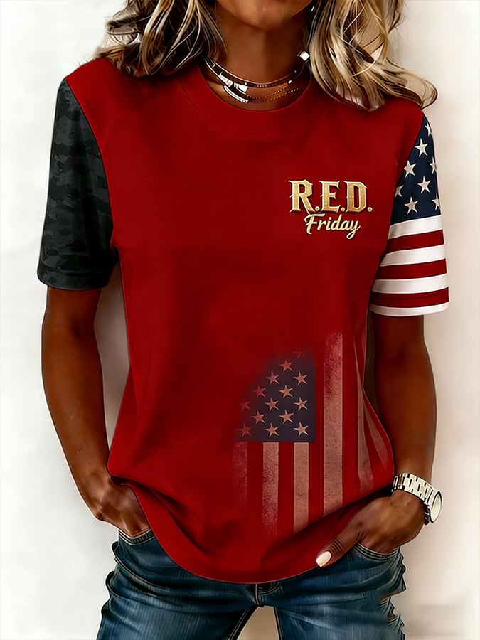 Women's Casual Red Friday Print Short-Sleeve T-Shirt