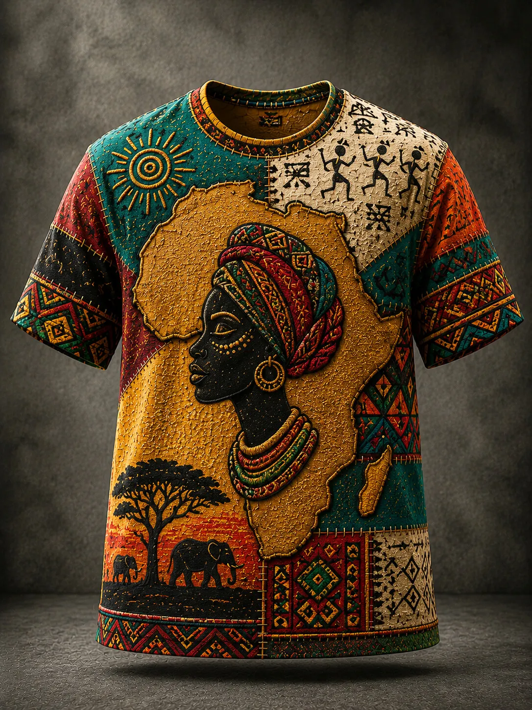 Men's African Map Black Lady Tribal Patchwork Art Print T-Shirt