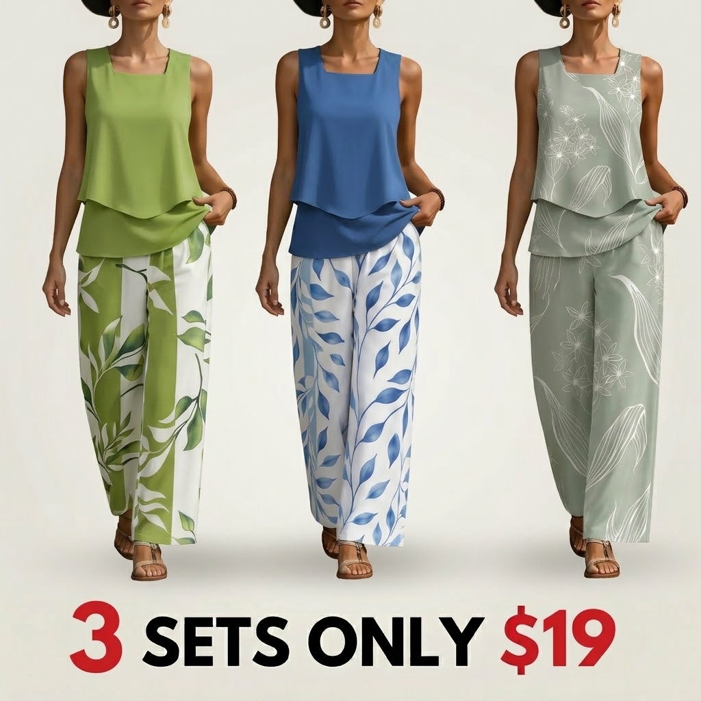 Women’s Casual Two-Piece Set Featuring A Sleeveless, Flowy Tank Top Paired With High-Waisted Wide-Leg Pants