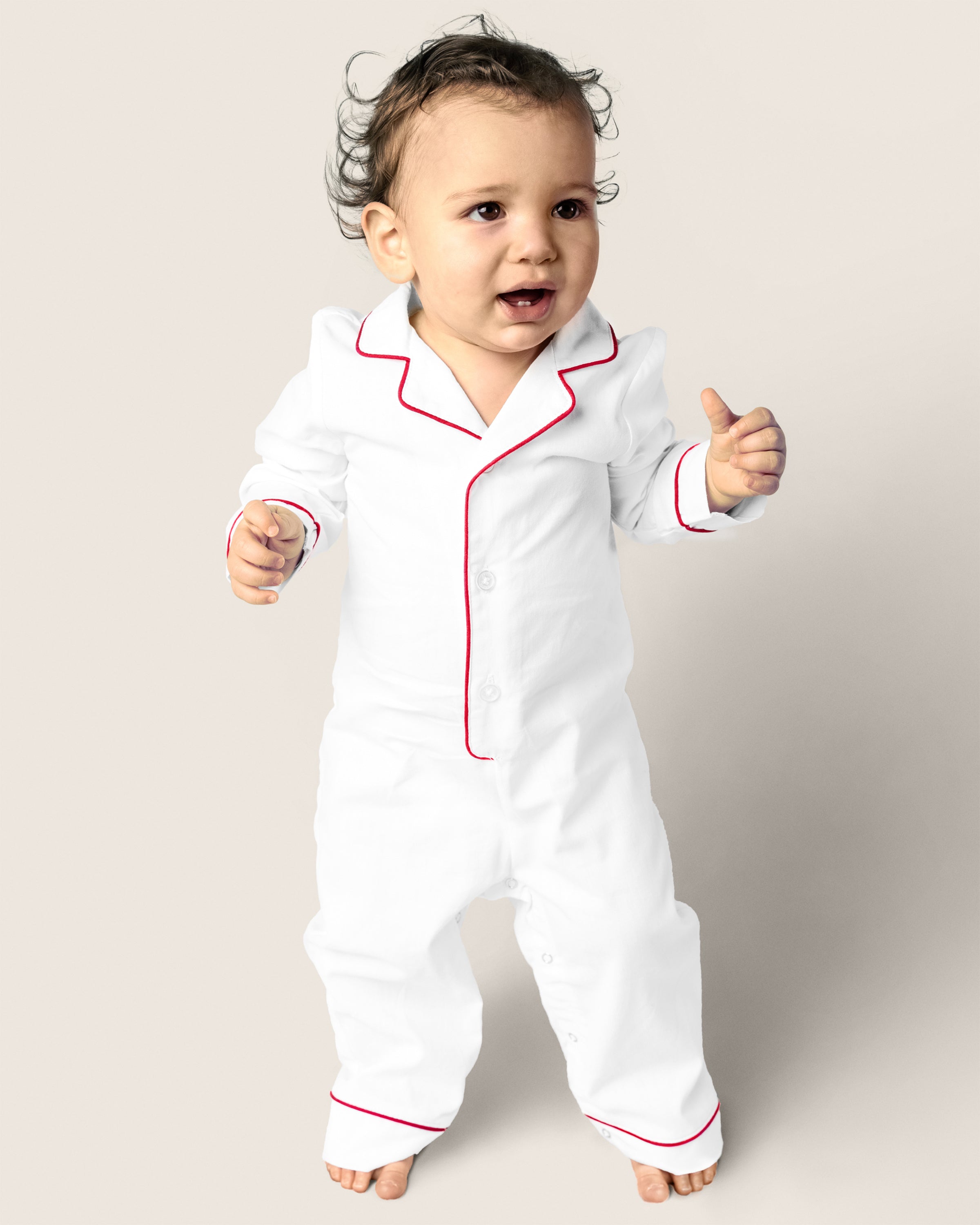 Baby's Twill Romper in White with Red Piping