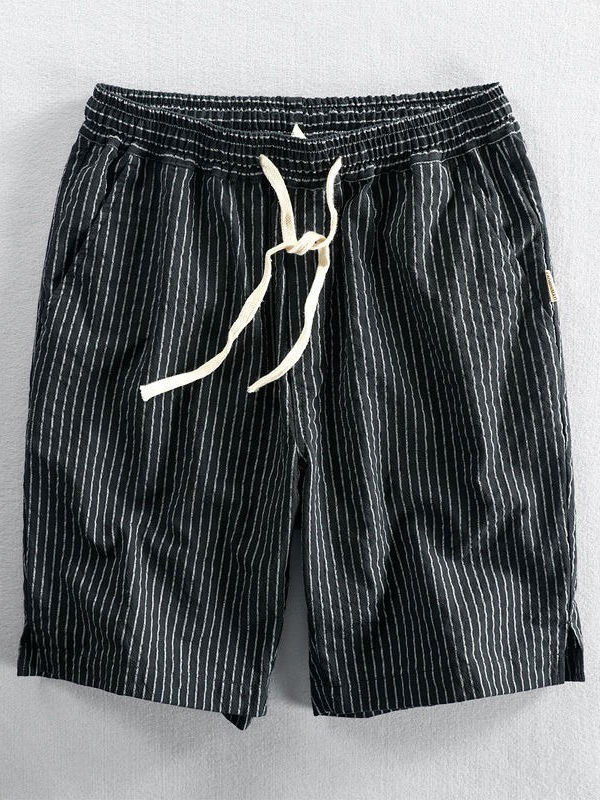 Men's Striped Cotton Linen Drawstring Loose Shorts