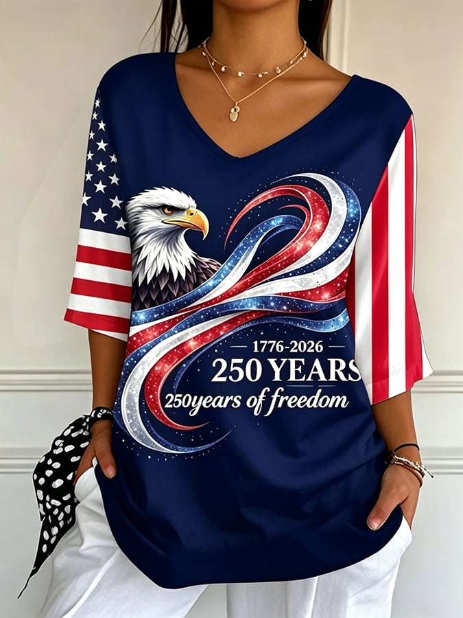 Women'S Usa 250th Anniversary Print Ribbed V-Neck Long-Sleeve Top