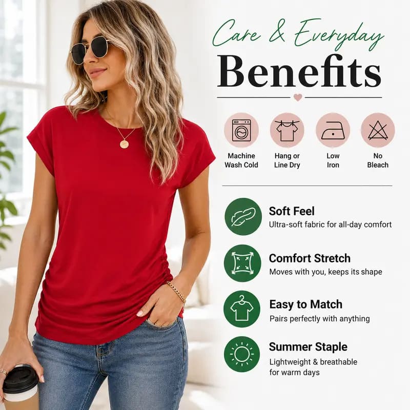 Womens Summer Tops Trendy 2026 Ruched Cap Short Sleeve Tshirts Shirts Crew Neck T Shirts Fashion