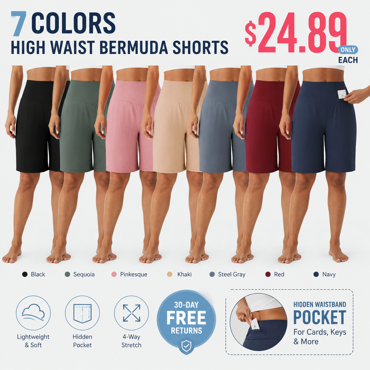 High Waisted Pockets Cool Touch Yoga Bermuda Shorts
