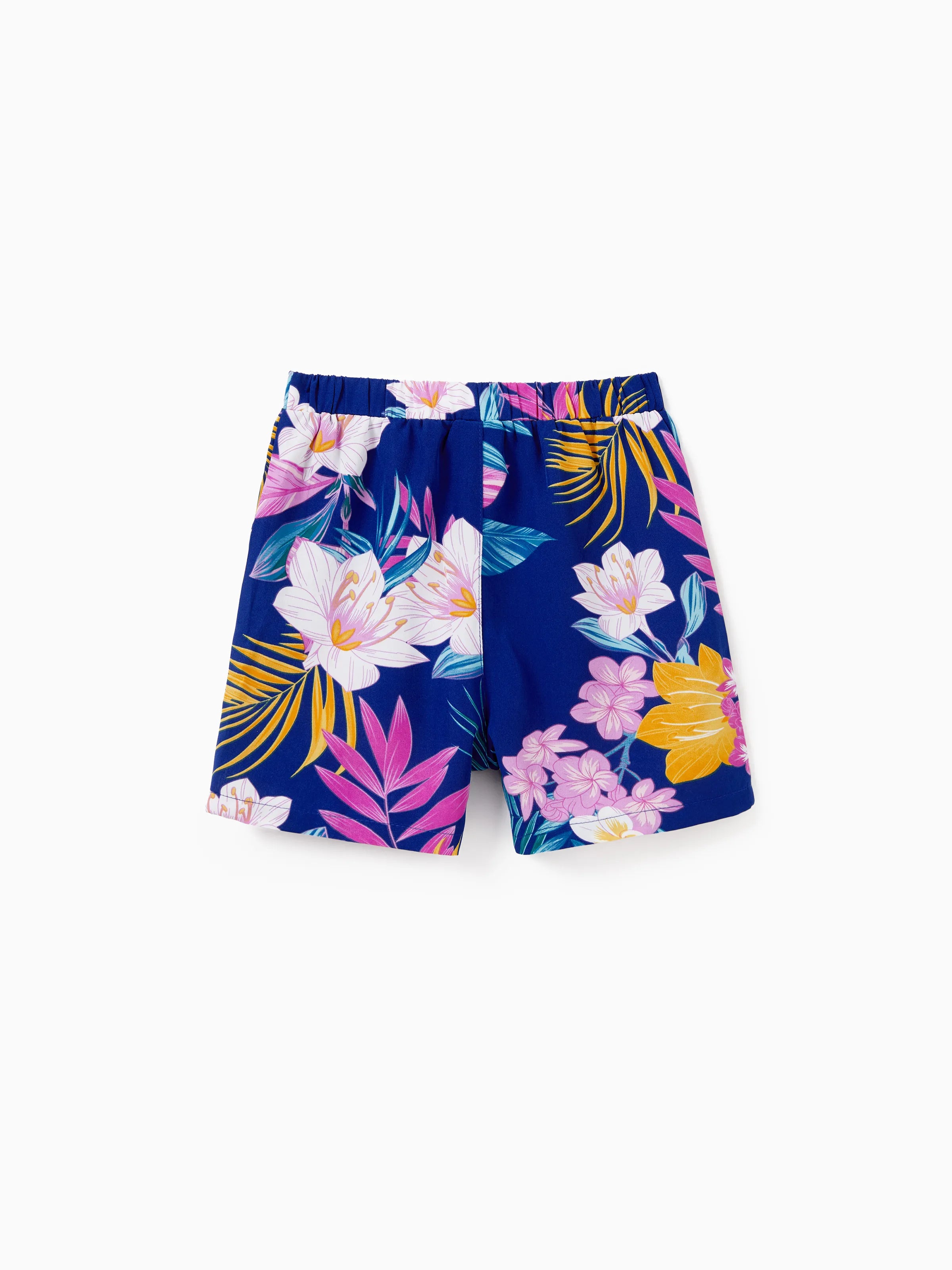 Daddy and Me Matching Family Hawaiian Outfits Tropical Floral Print Strap Dress or Short-sleeve Shirts & Shorts Set Summer Beachwear Set for Vacation  Deep Blue