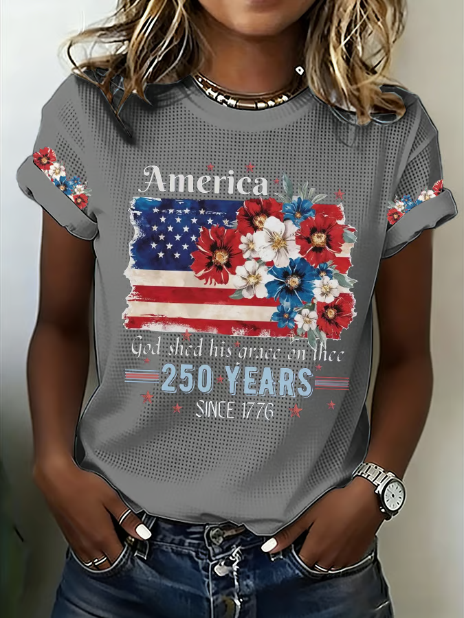 Women's 250th Anniversary National Flag Floral Print Casual Waffle T-shirt