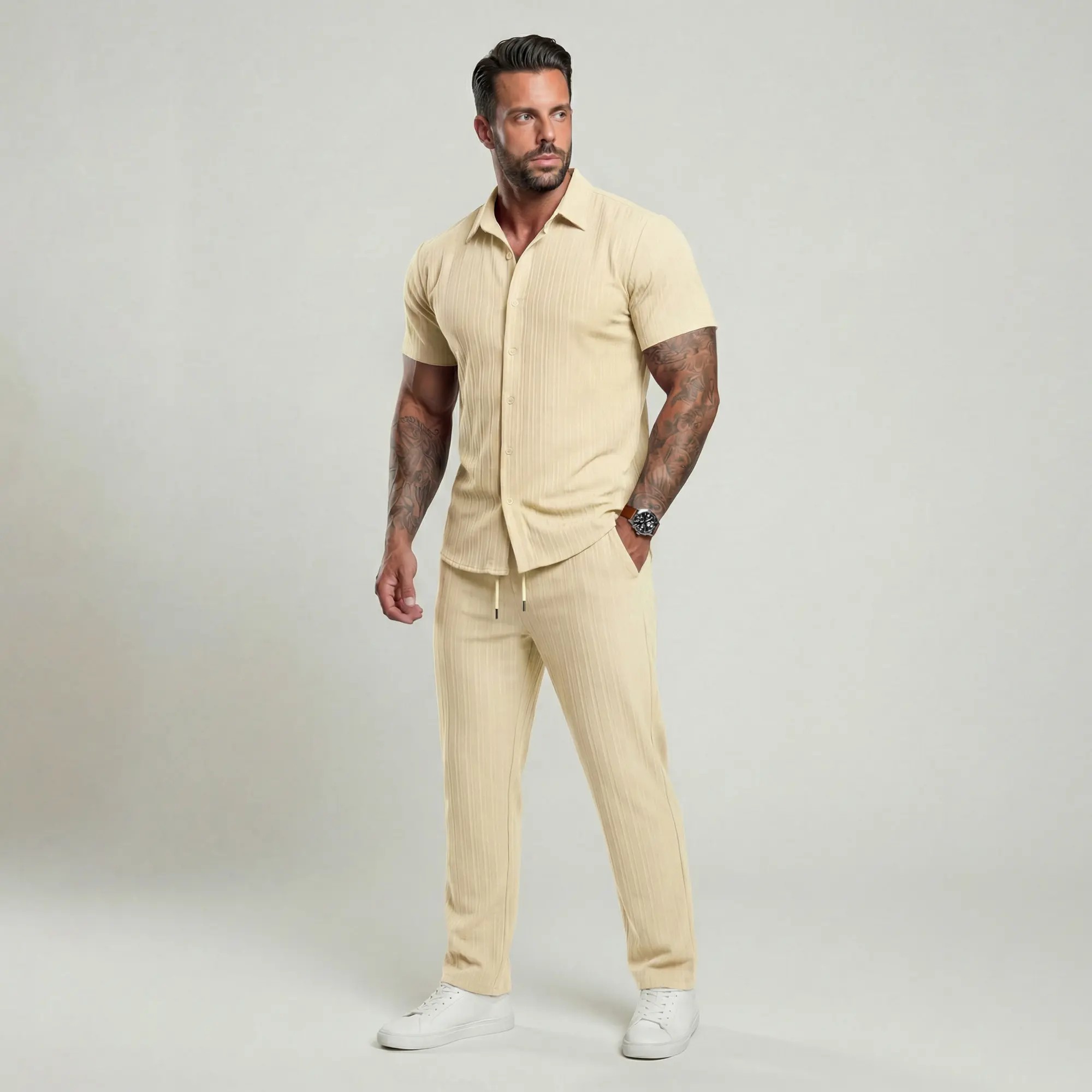 Men's Maroon Button-Front Shirt & Drawstring Pocket Trousers Set