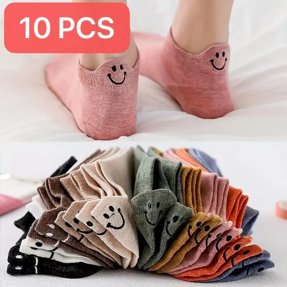 Kawaii Women's Embroidered Ankle Socks 10 Pairs Cotton Ruffled Edge Breathable Soft Stretchy Low Cut Pastel Colors for Casual Lightweight Aesthetic Maternity Bridal Womenswear Outfits Feminine