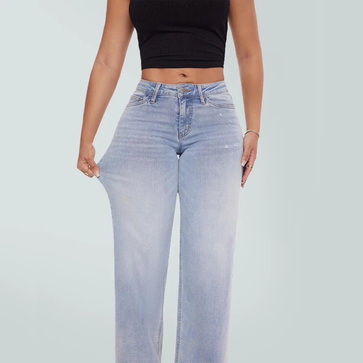🔥🔥Women’s Mid-Low Rise Baggy Distressed Jeans – Stretchy Wide Leg Denim Pants