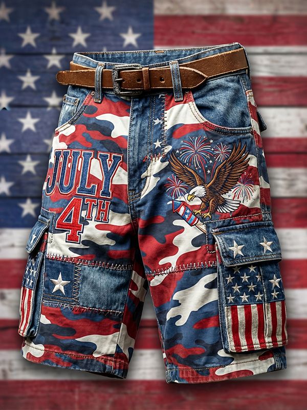 Men's Bald Eagle Retro American Anniversary Camo Art Print Casual Shorts