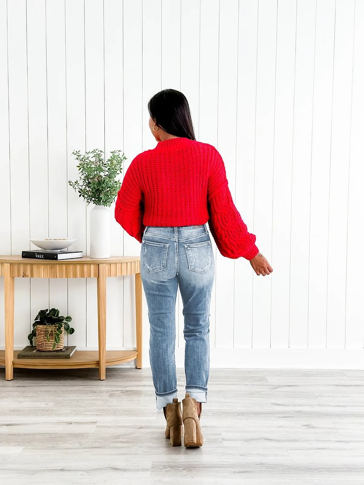 Tummy Control Distressed Cuffed Boyfriend Jeans