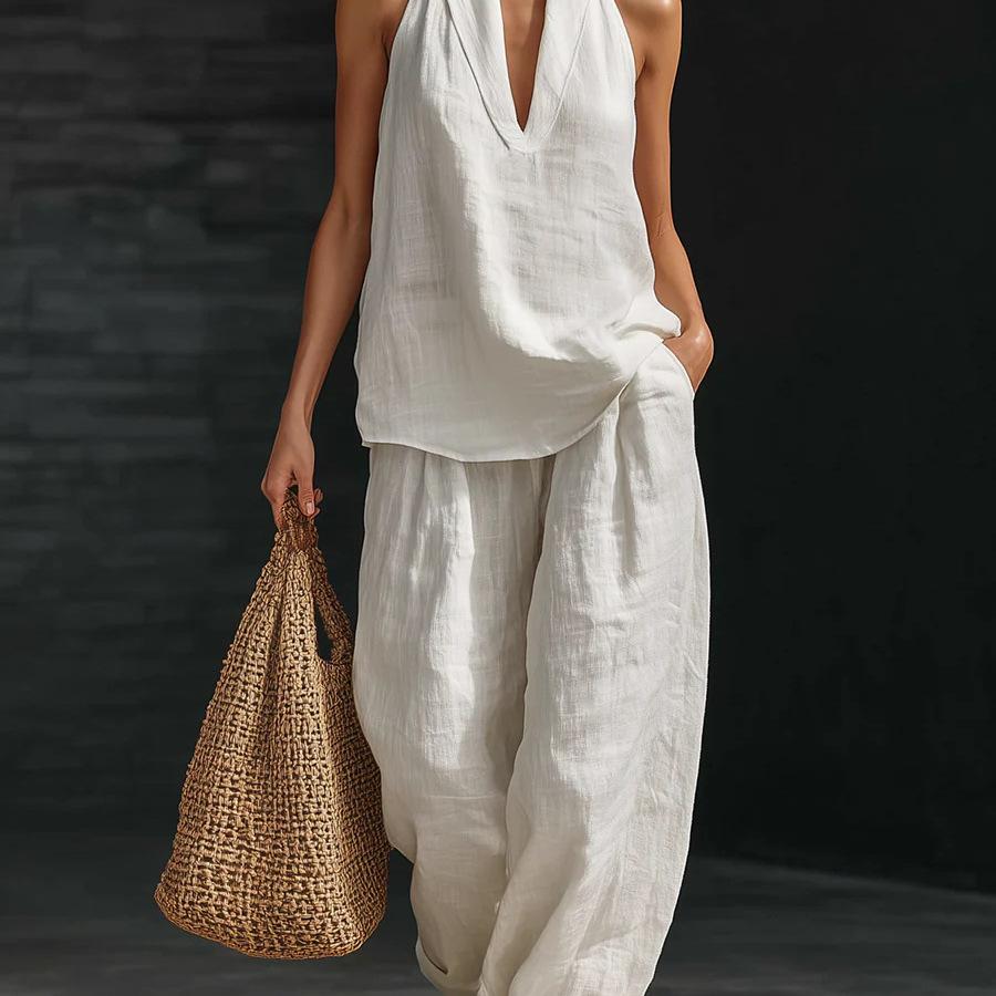 Boho Halter Neck Two Piece Set-Sleeveless Top Wide Leg Pants Set