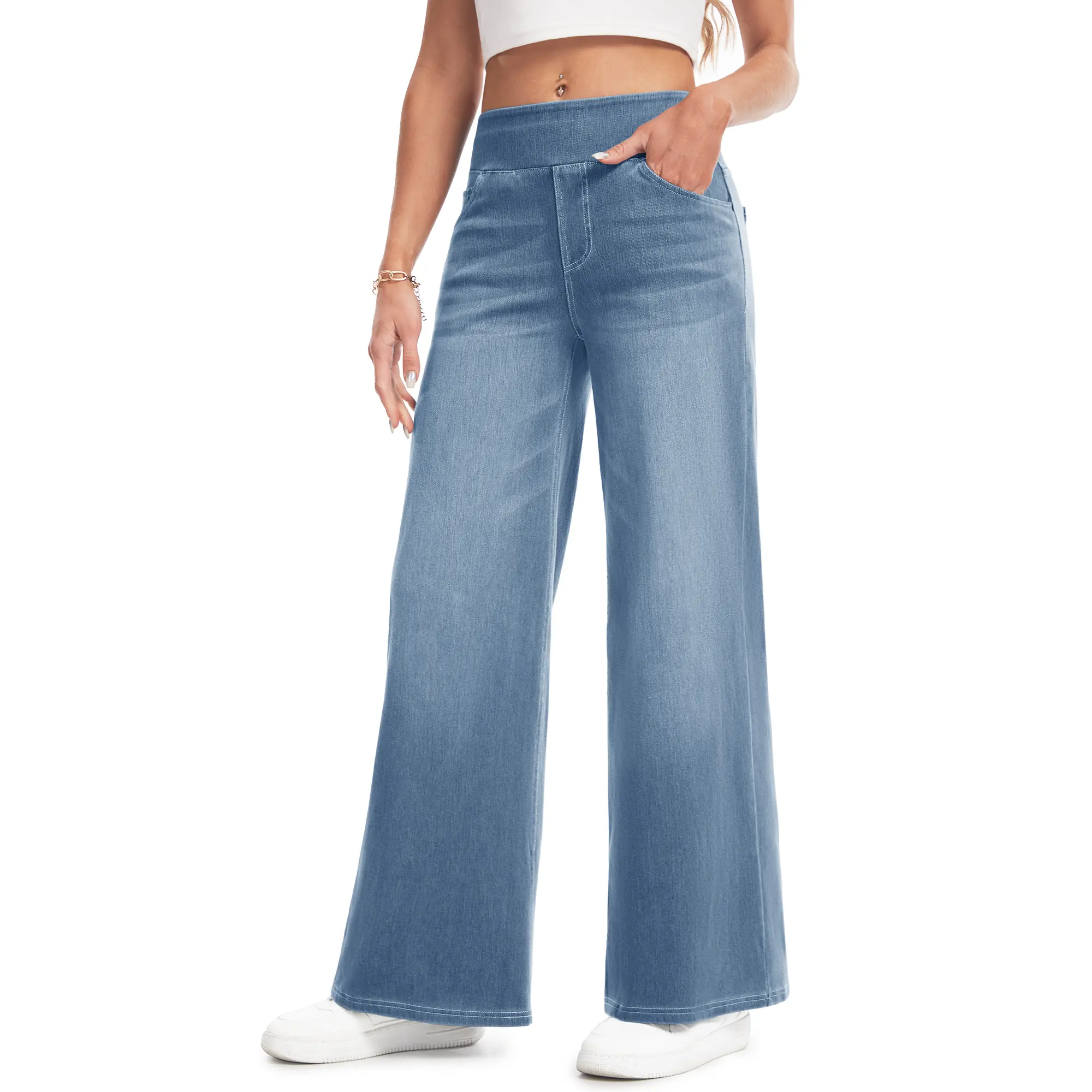 6-pack Women's Wide Leg Stretchy Jeans – Elastic High Waist Pull On Baggy Tummy Control Trousers for Casual Work Wear