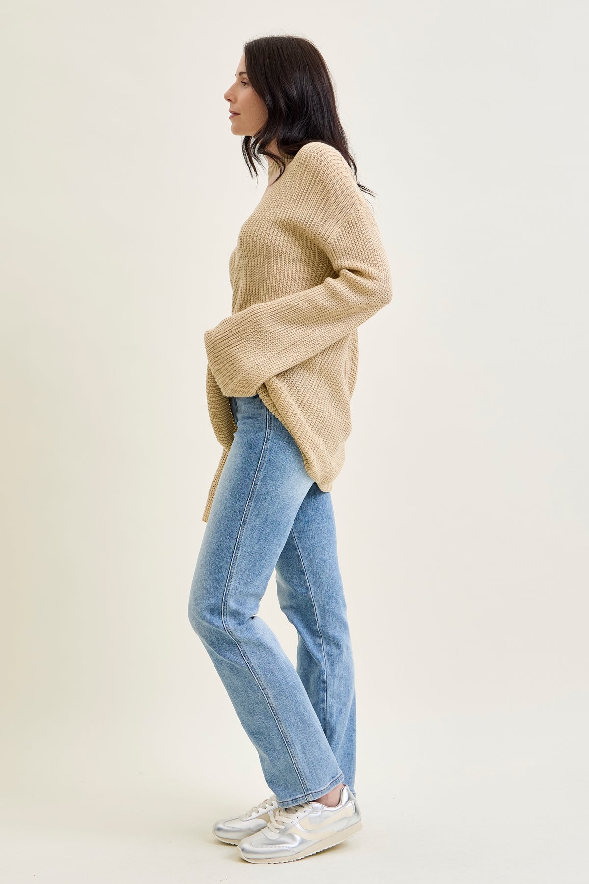 V-Neck Cut Out Pullover Beige Sweater