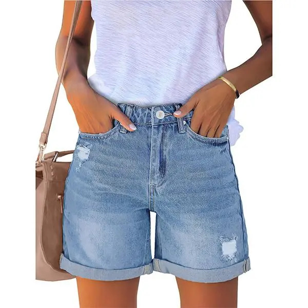 Women's Casual Distressed Denim Shorts – High-Waisted, Vintage-Wash, Cuffed Design
