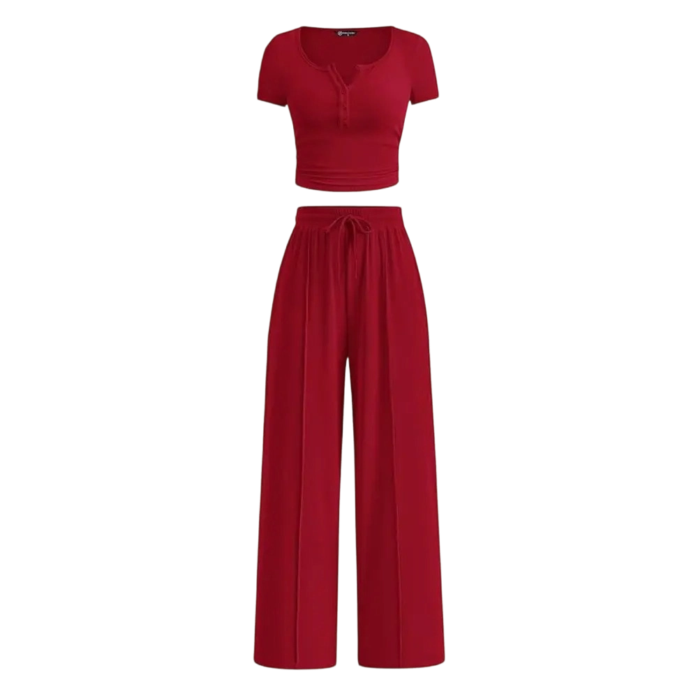 🔥Women’s Ribbed Knit 2-Piece Lounge Set – Button Crop Top & Wide Leg Pants