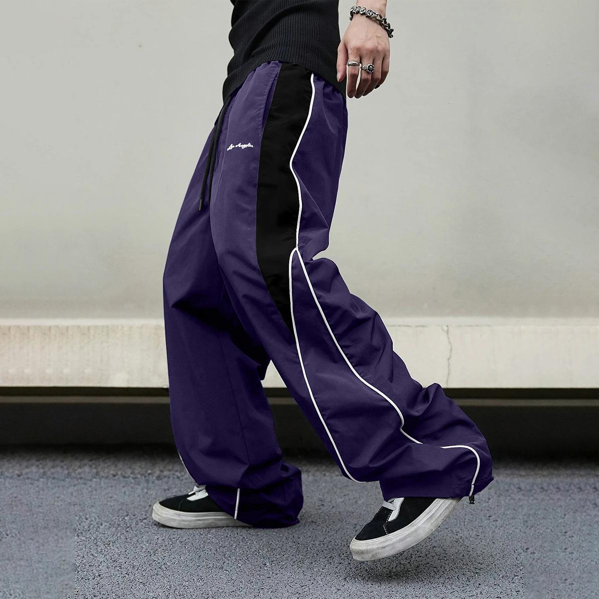 Men's High-Street Style Color-Block Spliced ​​Wide-Leg Pants with Side Stripes and Drawstrings