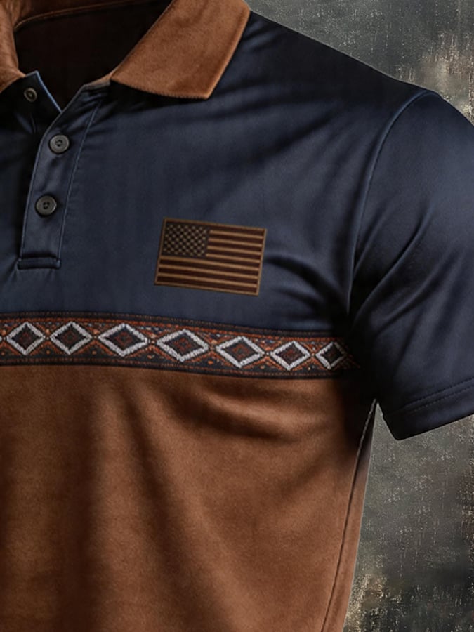 Men's Retro Patriotic Color-Block Short-Sleeve Polo Shirt