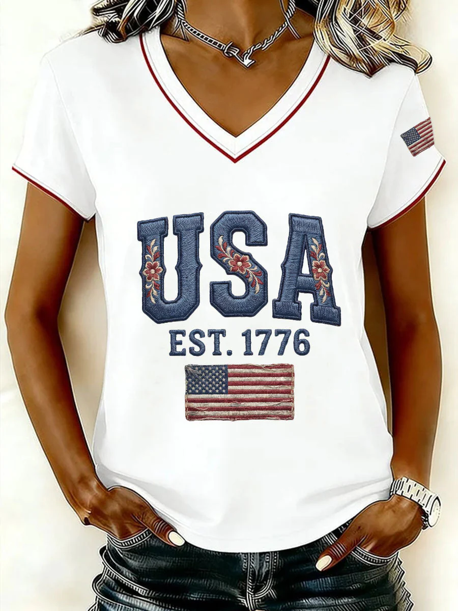 Floral Embroidery USA Flag Patch Retro V-Neck T-Shirt