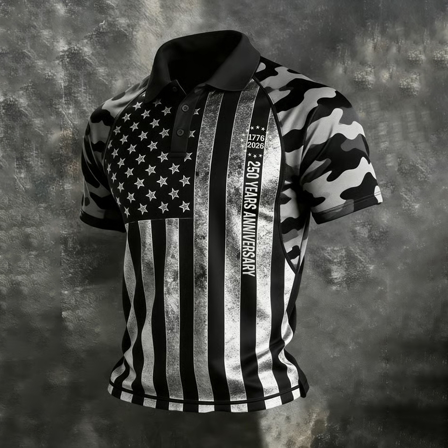 Men'S Retro American Founding Celebration Striped Raglan Polo Shirt