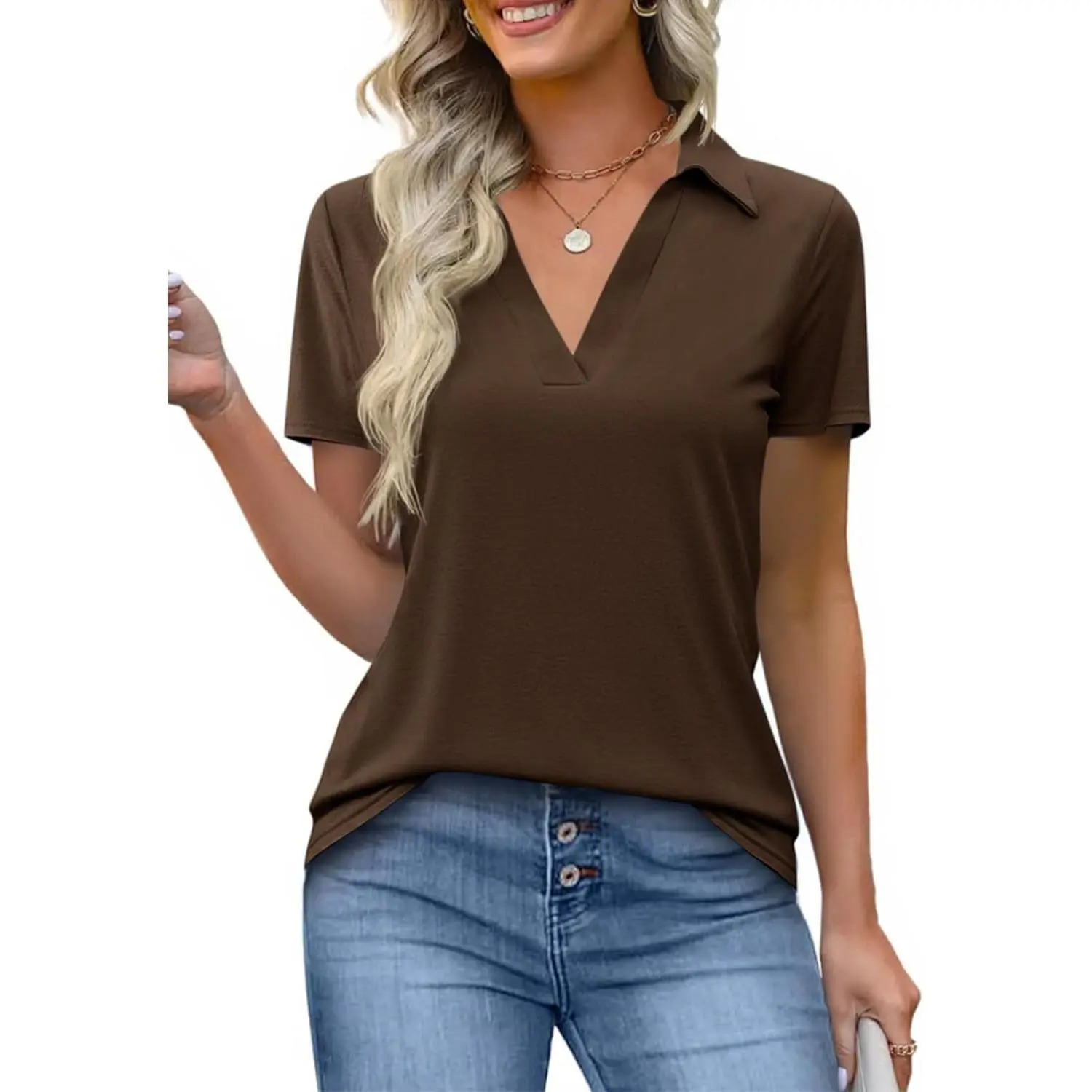 Women's Short-Sleeve Slim-Fit Lightweight Polyester V-Neck Polo Shirt