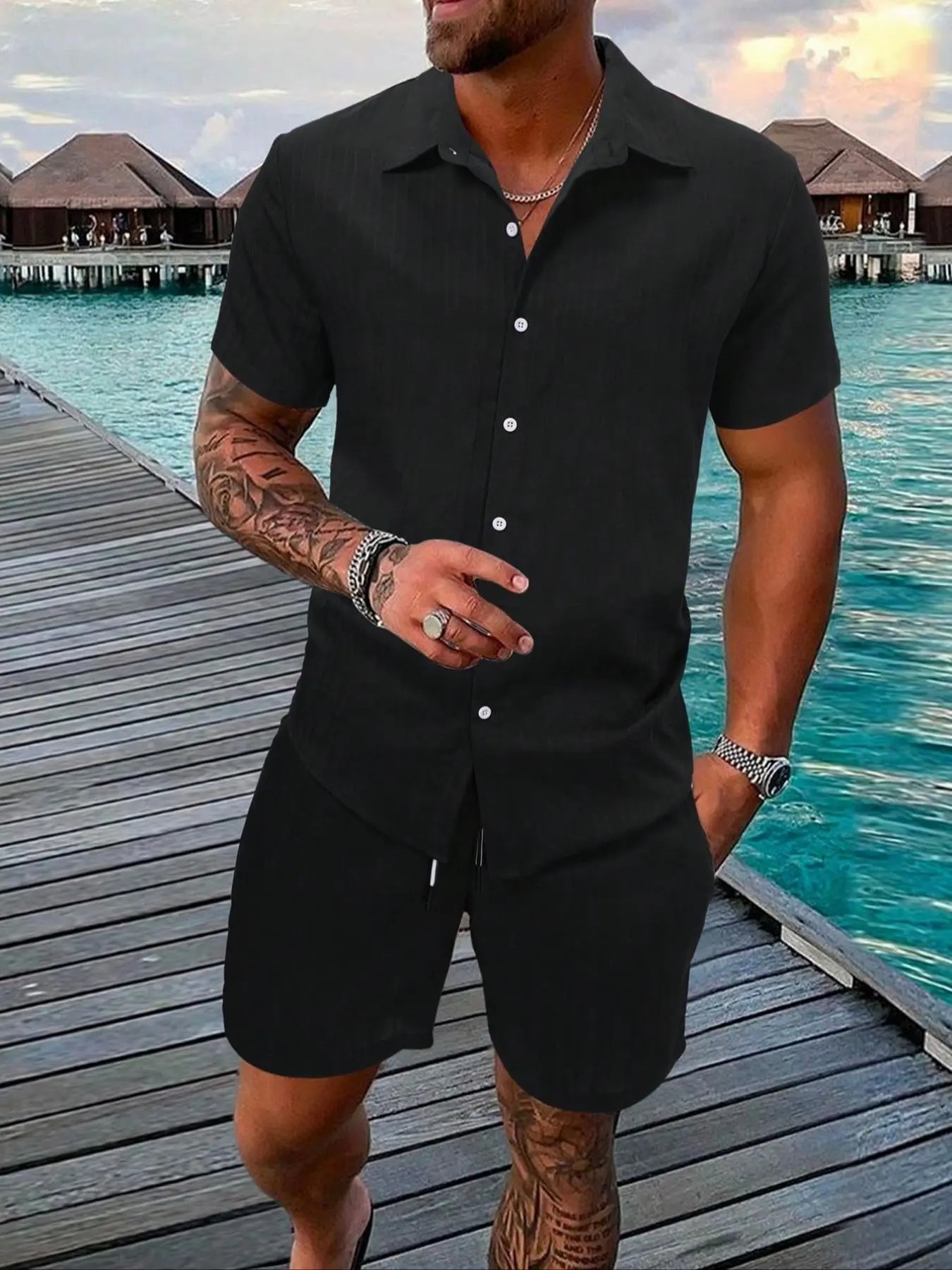 7-Pack Men's Summer Casual Set – Textured Shirt & Shorts | 7 Sets Only $23.99