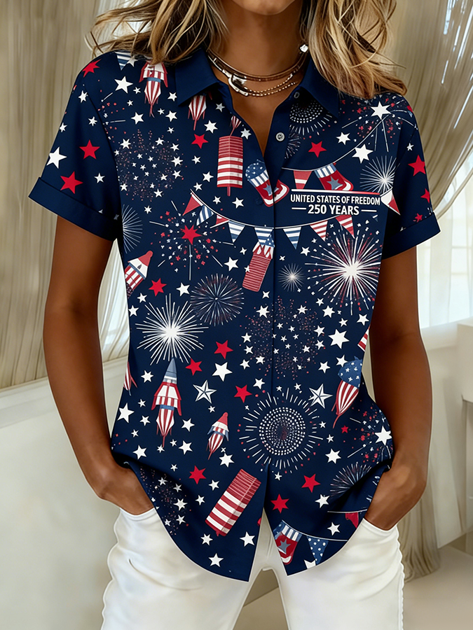 Ladies' Casual Commemorative American Flag Ribbon Lapel Short Sleeved Shirt