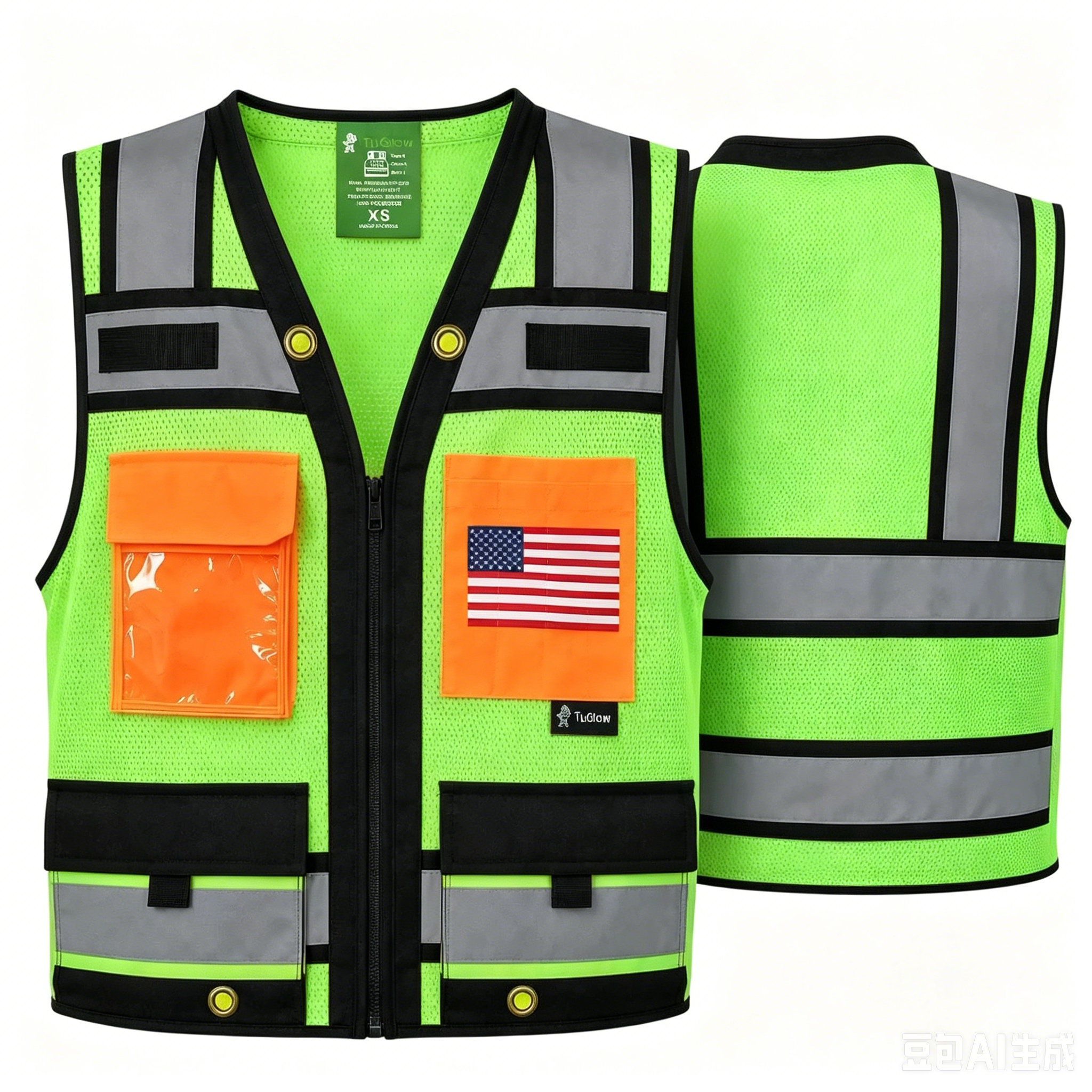 Superintendent Vest with custom USA Flag or other flags, High Visibility Reflective Safety, Mesh Safety Vest with Zipper and Multi pockets AMERICAN SIZE