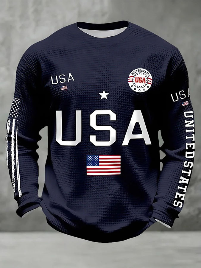 Men'S Retro Waffle American Flag Commemorative 250Th Anniversary Printed Long Sleeve Round Neck Sweatshirt