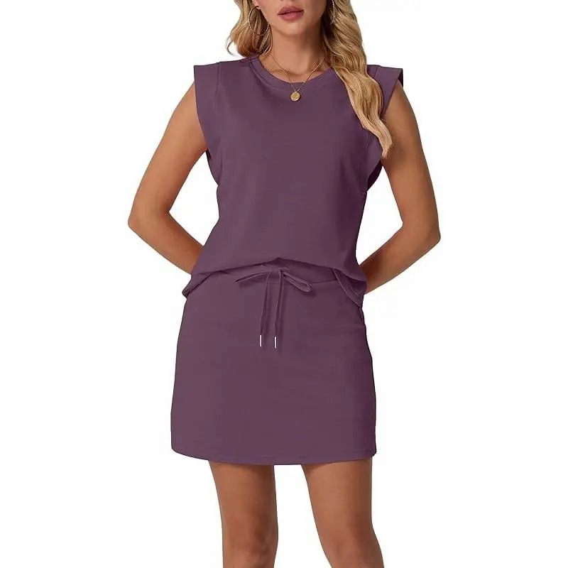 Women's Summer 2 Piece Skort Set Cap Sleeve Round Neck Top & Tennis Skirt with Pockets for Athletic & Casual