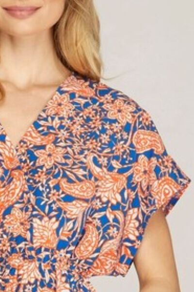 Sky Full Size Ruffled Hem Printed Surplice Kimono Sleeve Mini Dress Plus Size