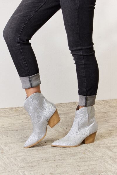 Star of the Show Rhinestone Ankle Cowboy Boots in Silver