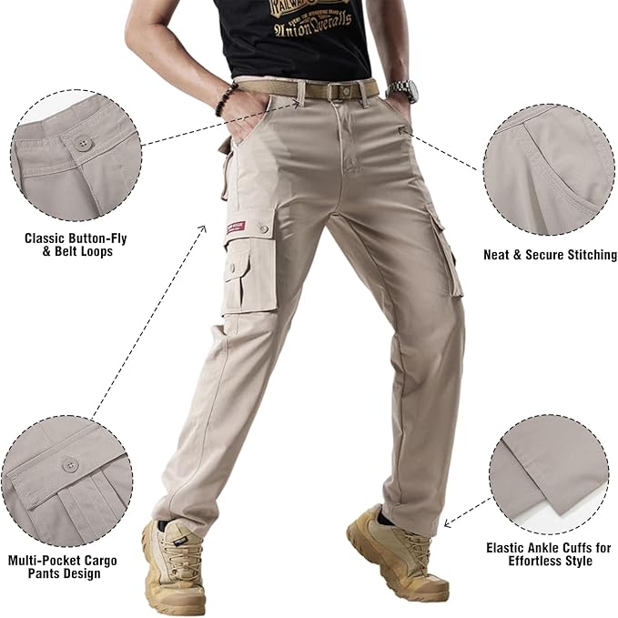 Men's Casual Cargo Pants, Workout Joggers, Relaxed Fit Stretch, Hiking Pants with Multi Pockets
