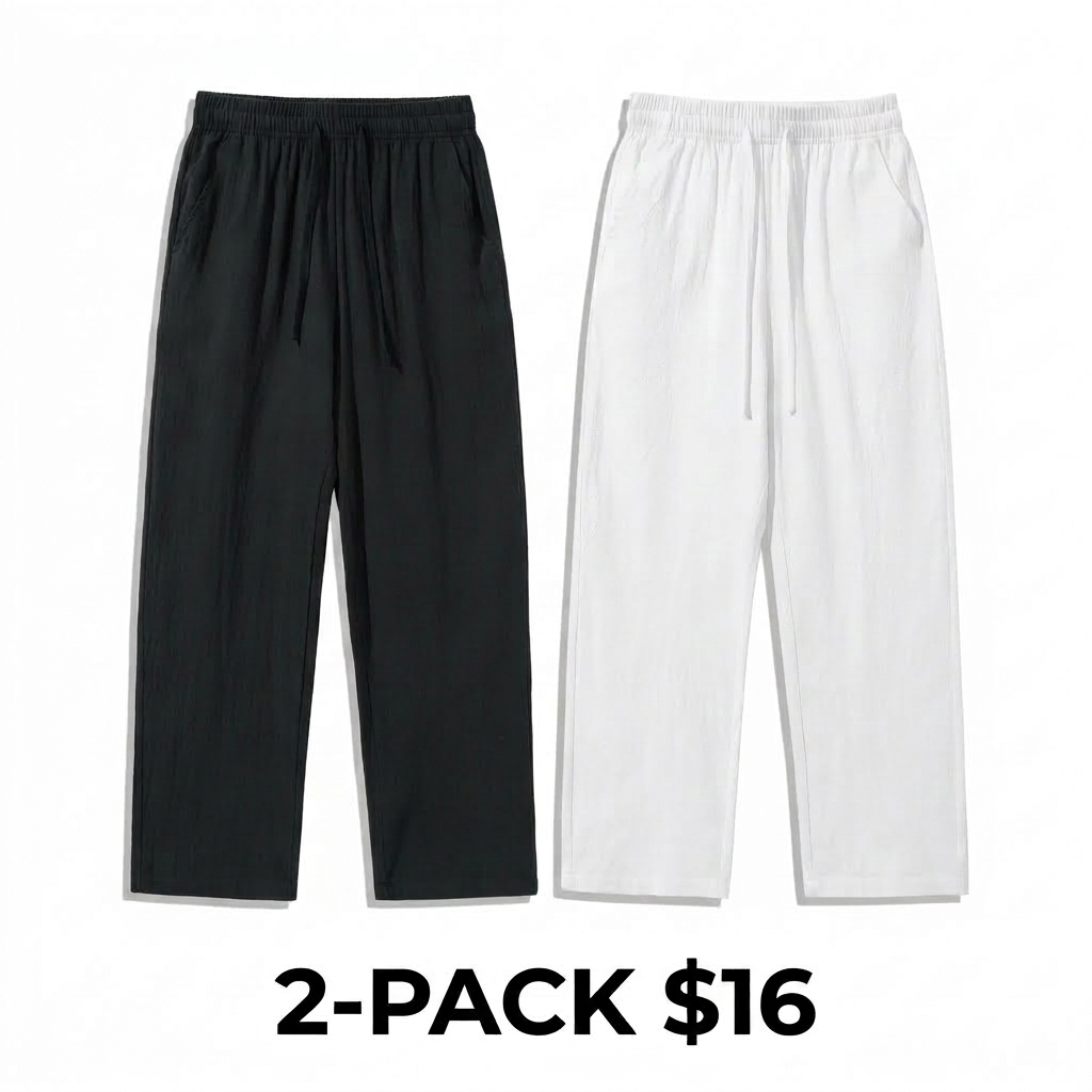 Unisex 100% Cotton Linen Wide Leg Pants – Elastic Drawstring Summer Trousers