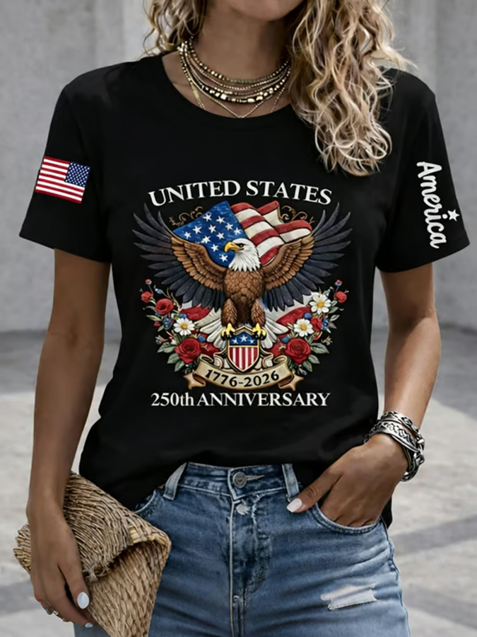 Ladies' Casual US National Day Flag Embroidered Printed Short Sleeved Round Neck T-Shirt