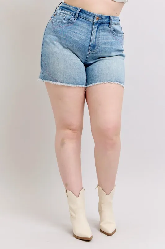High Waist Western Embroidery Detail Cut Off Denim Shorts