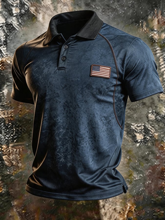 Men's Dark Retro-Print Tactical Polo — Slim-Fit, Functional-Style, Versatile Casual Short-Sleeve Polo with Flag Patch and Turn-Down Collar