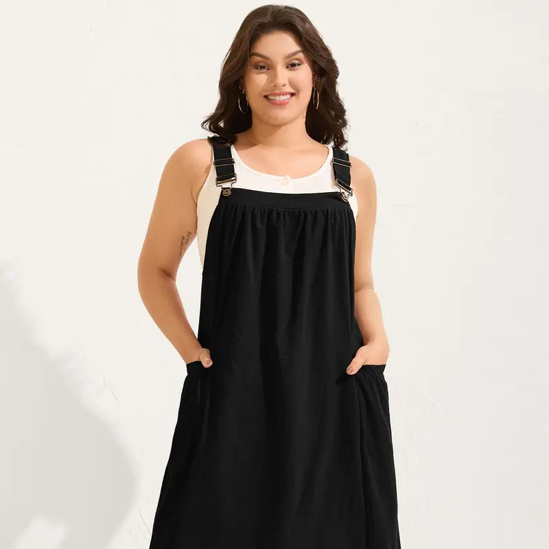[M-6X] Cotton Pinafore Overall Dress Sleeveless with Square Neckline  Adjustable Strap and Pleated Pockets Breathable Midi Length Side Seam Plus Size Minimalist 2026 Summer Pick for Mother's Day
