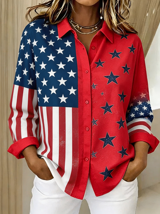 Women's Patriotic American Flag Decal Button Up Shirt