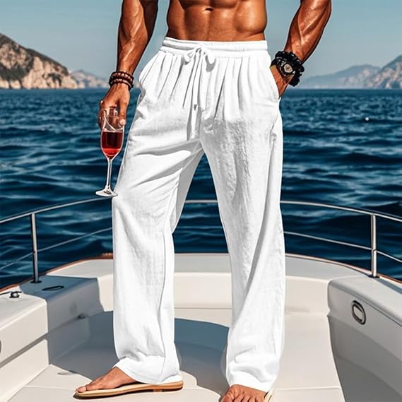 Men’s casual long pants with a loose drawstring waist; lightweight polyester fabric; classic straight leg design; breathable and comfortable; suitable for everyday wear, outdoor travel, vacations, and weekend leisure.